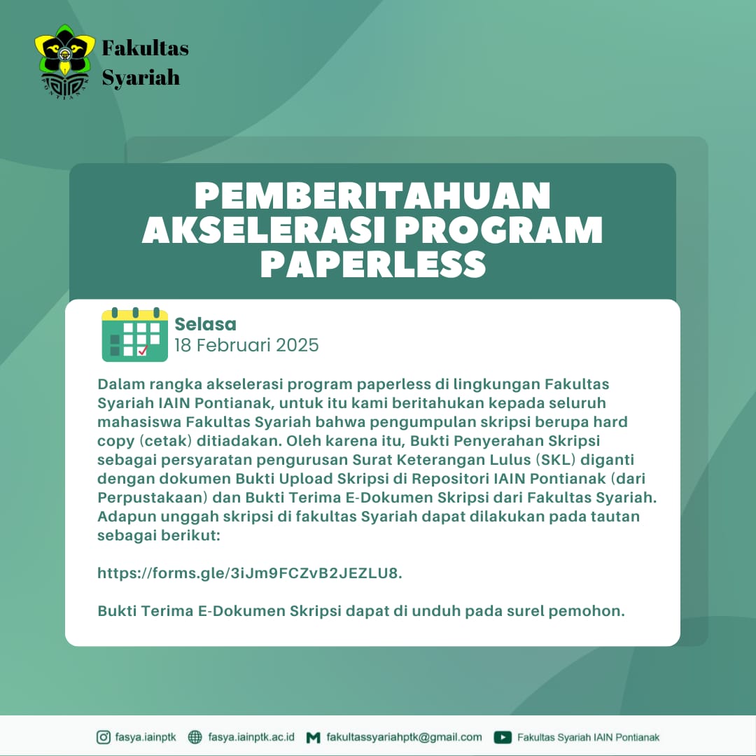 Surat Pemberitahuan kepada seluruh mahasiswa fakultas Syariah bahwa Skripsi Cetak ditiadakan